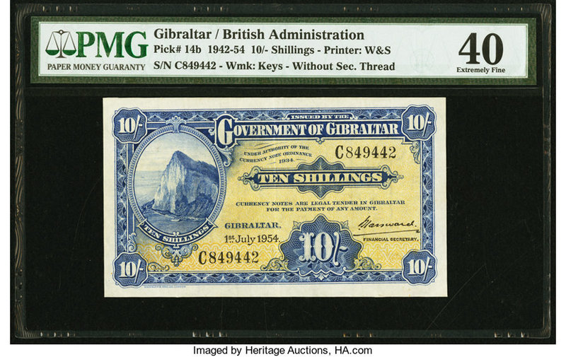 Gibraltar Government of Gibraltar 10 Shillings 1.7.1954 Pick 14b PMG Extremely F...