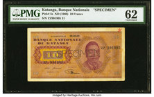 Katanga Banque Nationale du Katanga 10 Francs ND (1960) Pick 5s Specimen PMG Uncirculated 62. Roulette Specimen; pinholes.

HID09801242017