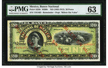 Mexico Banco Nacional de Mexicano 20 Pesos ND (1885-1913) Pick S259r M300r Remainder PMG Choice Uncirculated 63. Previously mounted.

HID09801242017