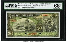 Mexico Banco de Durango 50 Pesos ND (1913-14) Pick S276As2 M335s Specimen PMG Gem Uncirculated 66 EPQ. Two POCs.

HID09801242017