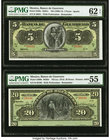 Mexico Banco de Guerrero 5; 20 Pesos ND (1906-14); ND (ca. 1914) Pick S298c; S300b M361r; M363r Two Perforated Remainders PMG Uncirculated 62 EPQ; Abo...