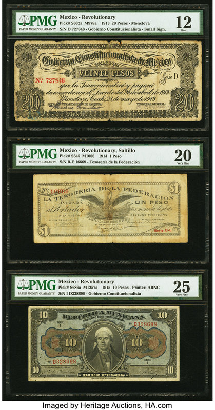 Mexico Revolutionary Lot Of Five PMG Graded Examples. 20 Pesos 28.5.1913 Pick 63...