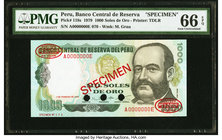 Peru Banco Central de Reserva 1000 Soles de Oro 1.2.1979 Pick 118s Specimen PMG Gem Uncirculated 66 EPQ. Three POCs; red De La Rue Specimen overprints...