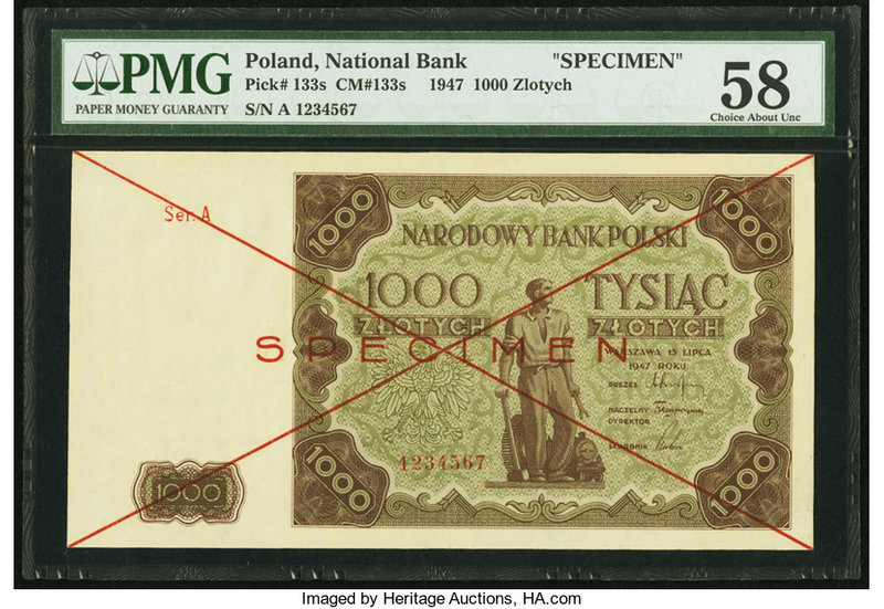 Poland Narodowy Bank Polski 1000 Zlotych 1947 Pick 133s Specimen PMG Choice Abou...
