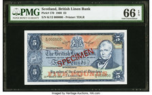 Scotland British Linen Bank 5 Pounds 22.3.1968 Pick 170s Specimen PMG Gem Uncirculated 66 EPQ. 

HID09801242017