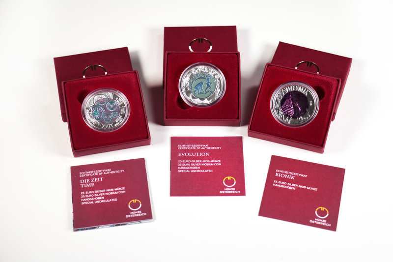 Austria. Lote de 3 piezas de 25 euros bimetálicas, plata y niobio, 2012, 2014 y ...