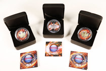 Canada. Elizabeth II. 2016. "Space Collection". Lote de 3 piezas de 5 dollars de plata, Butterfly y Helix (2). Ruthenium & Coloured. Con caja y certif...