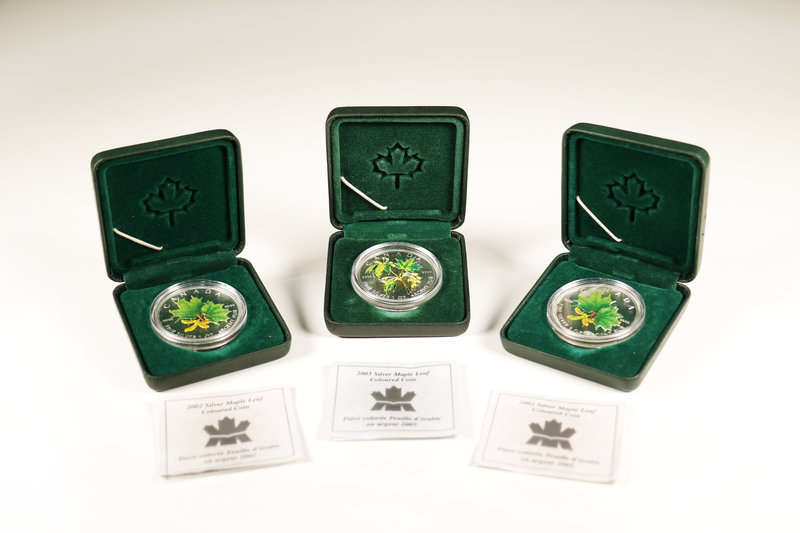 Canada. Elizabeth II. "Silver Maple Leaf Coloured Coin Series". Lote de 3 piezas...