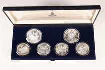 Russia. 1980. Lote de 6 piezas de plata de los Juegos Olímpicos de Moscú en 1980. 2 piezas de 10 rublos y 4 piezas de 5 rublos. Con caja. PR. Est...80...