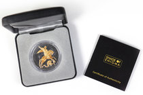 Russia. 3 rublos. 2002. Ag. 31,11 g. "St. George and the Dragon". 24Kt Gold Plated and Black Ruthenium. Tirada de 2000 piezas. Caja y certificado. PR....