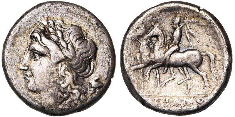 CAMPANIE, SUESSA AURUNCA, AR didrachme, vers 265-240 av. J.-C. D/ T. l. d'Apollo...