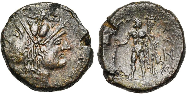 CALABRE, UXENTUM, AE as, vers 125-90 av. J.-C. D/ T. janiforme d'Athéna, coiffée...