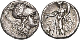 LUCANIE, HERACLEE, AR statère, 280-272 av. J.-C. D/ T. casquée d'Athéna à d., le casque lauré. Derrière la nuque, NI. R/ HPAKΛEIΩN Héraclès deb. à g....