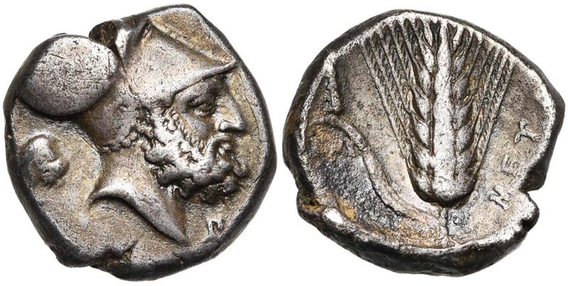 LUCANIE, METAPONTE, AR statère, vers 330 av. J.-C. D/ T. de Leucippe barbu à d.,...