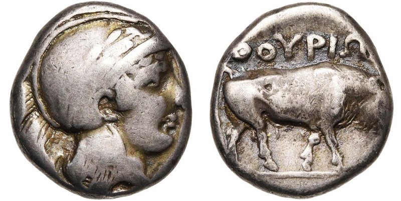 LUCANIE, THOURIOI, AR statère, vers 350 av. J.-C. D/ T casquée d'Athéna à d., le...