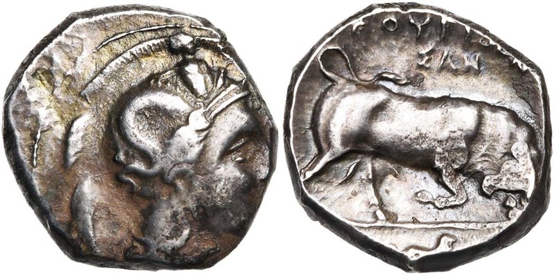 LUCANIE, THOURIOI, AR statère, vers 330 av. J.-C. D/ T. casquée d'Athéna à d., l...