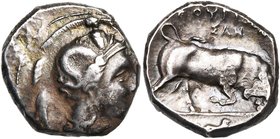 LUCANIE, THOURIOI, AR statère, vers 330 av. J.-C. D/ T. casquée d'Athéna à d., le casque orné de Scylla. R/ ΘOYPIΩN Taureau chargeant à d. Au-dessus, ...