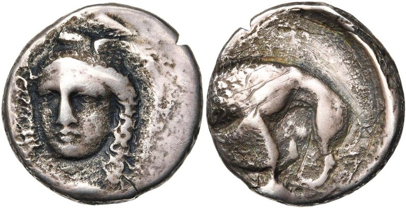 LUCANIE, VELIA, AR didrachme, 350-325 av. J.-C. Groupe de Kleudoros. D/ T. casqu...
