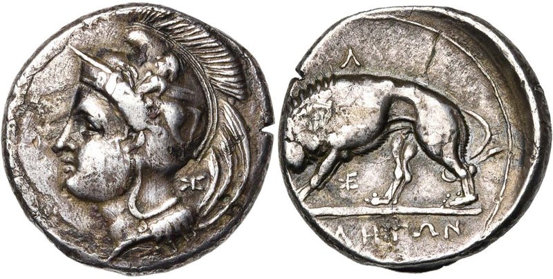 LUCANIE, VELIA, AR didrachme, 350-320 av. J.-C. D/ T. casquée d'Athéna à g., le ...