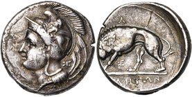 LUCANIE, VELIA, AR didrachme, 350-320 av. J.-C. D/ T. casquée d'Athéna à g., le casque orné d'un Centaure. Derrière la nuque, . R/ YEΛHTΩN Lion à g. ...