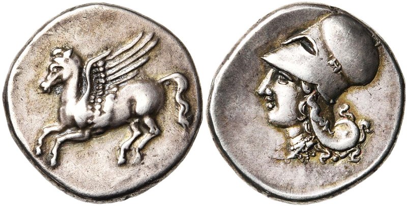 BRUTTIUM, MESMA, AR statère, 350-300 av. J.-C. D/ Pégase volant à g. R/ T. casqu...