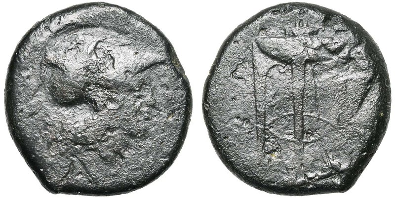 SICILE, AMESELON, AE bronze, vers 340-330 av. J.-C. D/ T. casquée d'Athéna à d. ...