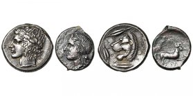 SICILE, LEONTINOI, AR tétradrachme, vers 425 av. J.-C. D/ T. l. d'Apollon à g. R/ ΛEON-TI-NON T. de lion à g., entourée de trois grains de blé et d'un...