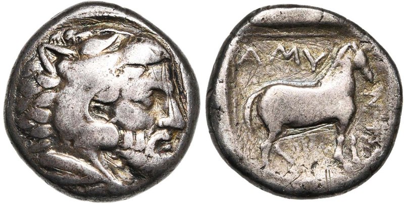 ROYAUME DE MACEDOINE, Amyntas III (392-390), AR didrachme. D/ T. d'Héraclès barb...