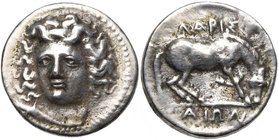 THESSALIE, LARISSA, AR drachme, 400-350 av. J.-C. D/ T. de la nymphe Larissa de f., légèrement tournée vers la g., les cheveux retenus par un bandeau....