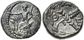 ATTIQUE, ATHENES, AE bronze, 360-335 av. J.-C. D/ Triptolème ten. un sceptre, sur un char ailé, tiré par des serpents. R/ Deux épis croisés séparant l...