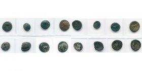 CAMPANIE, lot de 8 bronzes: Cales, T. d'Athéna/Coq; Naples, T. de jeune homme à g./Trépied (rare), T. d'Apollon/Taureau androcéphale et Niké (2), T. d...