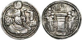 ROYAUME SASSANIDE, Bahram II (276-293), AR drahm. D/ B. accolés à d. du roi et de la déesse Anahita (?) qui porte une couronne à tête de sanglier. Leu...
