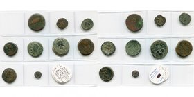 ESPAGNE, lot de 9 bronzes, dont: Ilipense, as; Irippo, semis, T. masc. à d./Femme assise; Lastigi, quadrans; Malaca, as, T. de Vulcain à g./T. de Phoe...