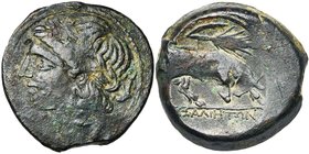 GAULE TRANSALPINE, Massalia, AE bronze, 220-215 av. J.-C. D/ T. l. d'Apollon à g., les cheveux longs tombant dans la nuque. A d., dauphin tourné vers ...