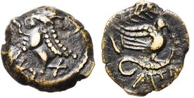GAULE CELTIQUE, Ruteni, AE bronze, 50-40 av. J.-C. D/ T. l. à g., deux longues mèches perlées tombant dans la nuque. Dessous, X. A g., L MVNAT. R/ Ois...