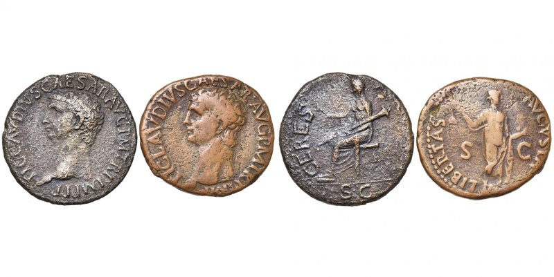 CLAUDE (41-54), lot de 2 bronzes: as, 41-50, R/ Libertas ten. un pileus; dupondi...
