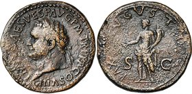 TITUS Auguste (79-81), AE sesterce, 80-81, Rome. D/ IMP T CAES VESP AVG P M TR P P P COS VIII T. l. à g. R/ PAX- AVGVST/ S-C Pax deb. à g., ten. une b...