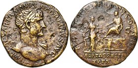 HADRIEN (117-138), AE sesterce, 119, Rome. D/ IMP CAESAR TRAIANVS- HADRIANVS AVG B. l. à d., l'épaule g. dr. R/ PONT MAX TR POT COS III/ S-C/ LIBERTAS...