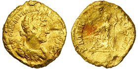 HADRIEN (117-138), AV aureus, 119-138, Rome. D/ IMP CAESAR TRAIAN HADRIANVS AVG B. l. à d., l'épaule g. dr. de l'égide. R/ P M TR P COS III Roma assis...