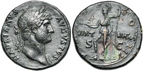 HADRIEN (117-138), AE sesterce, 119-138, Rome. D/ IMP CAESAR TRAIAN- HADRIANVS AVG B. l. à d., l'épaule g. dr. R/ PM- TR P- COS- III/ VIRT-AVG/ S-C Vi...