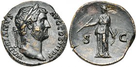 HADRIEN (117-138), AE sesterce, 119-138, Rome. D/ HADRIANVS- AVG COS III PP T. l. à d. R/ Diane deb. à g., ten. une flèche et un arc. De part et d'aut...