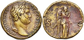 HADRIEN (117-138), AE sesterce, 119-138, Rome. D/ HADRIANVS- AVG COS III PP T. l. à d. R/ Némésis ailée avançant à d., la main d. sur la poitrine, ten...