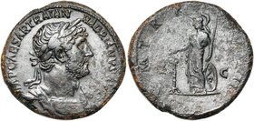 HADRIEN (117-138), AE sesterce, 119-138, Rome. D/ IMP CAESAR TRAIAN- HADRIANVS AVG B. l., dr., cuir. à d. R/ P M TR P- COS III Minerve deb. à g., brûl...
