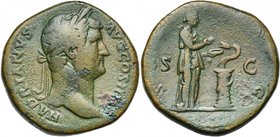 HADRIEN (117-138), AE sesterce, 134-138, Rome. D/ HADRIANVS- AVG COS III PP T. l. à d. R/ SALV-S AVG/ S-C Salus deb. à d., une patère dans la main g.,...