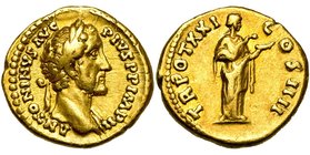 ANTONIN le Pieux (138-161), AV aureus, 157-158, Rome. D/ ANTONINVS AVG - PIVS PP IMP II B. l. à d., l'épaule g. dr. R/ TR POT XXI - COS IIII Salus deb...