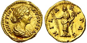 FAUSTINE la Jeune (†175), AV aureus, 161-176, Rome. D/ FAVSTINA AVGVSTA B. dr. à d. R/ HIL-A-RITAS Hilaritas deb. à g., ten. une longue palme et une c...