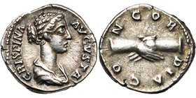 CRISPINE (†183), femme de Commode, AR denier, 180-183, Rome. D/ CRISPINA AVGVSTA B. dr. à d. R/ CONCORDIA Mains jointes. BMC 695, 37-38; RIC 279. 3,07...