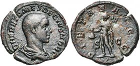HERENNIUS ETRUSCUS César (250-251), AE sesterce, Rome. D/ Q HER ETR MES DECIVS NOB C B. dr., cuir. à d. R/ PIETAS AVGG/ S-C Mercure deb. à g., ten. un...