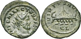 ALLECTUS (293-296), AE quinaire en bronze, Londres. D/ IMP C ALLECTVS P F AVG B. r., cuir. à d. R/ VIRTVS AVG/ QL Galère à d. RIC 55. 2,38g Rare Patin...