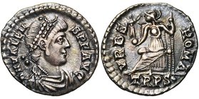 VALENS (364-378), silique, 375-378, Trèves. D/ DN VALEN-S PF AVG B. diad., dr., cuir. à d. R/ VRBS- ROMA/ TRPS· Roma assise à g. sur un trône, ten. un...